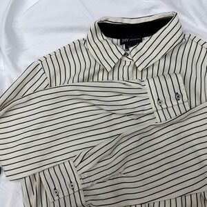 JNY Jones New York Women's Cream Black‎ Stripe Button Up Shirt Size S Tailored